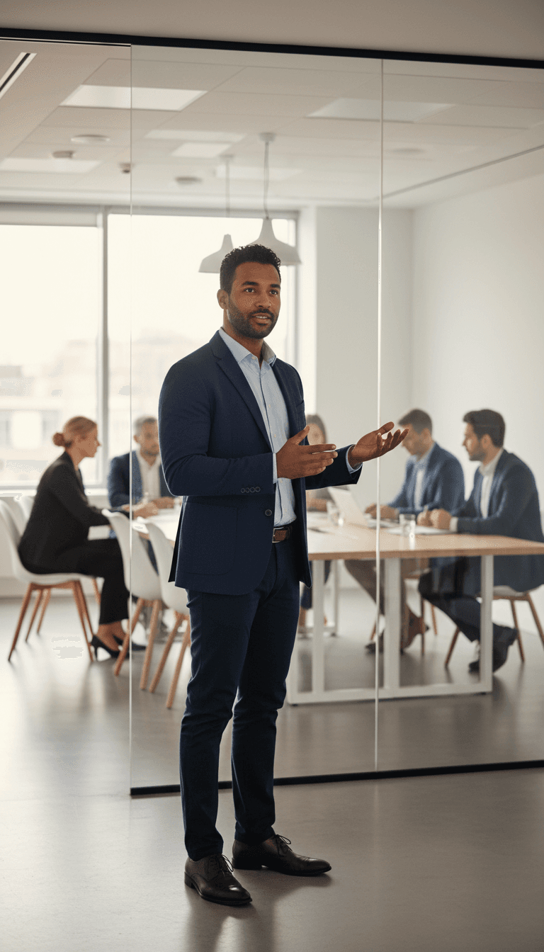 Professional leader speaking with confidence in a modern office environment