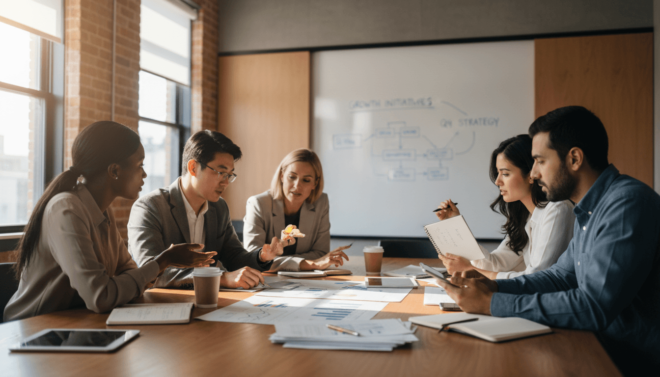 Diverse group in professional setting engaged in leadership development discussion